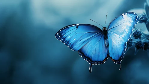 Blue butterfly rests on flower against soft teal bokeh
