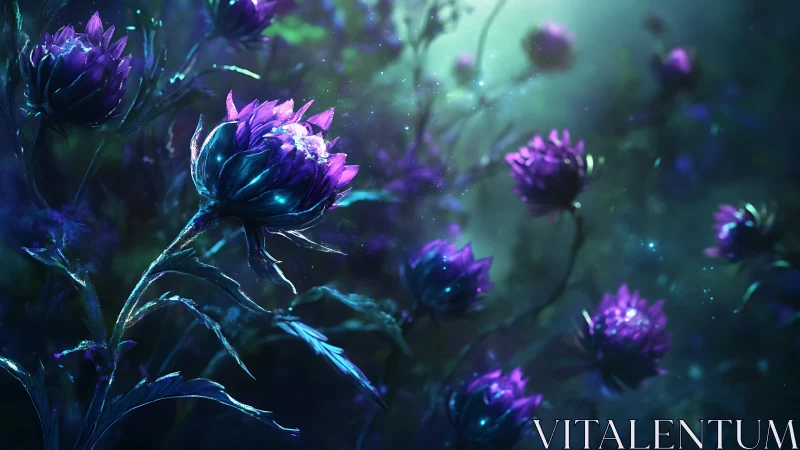 Bioluminescent Flowers in Dark Garden: Neon Purple Petals with Glowing Stems.