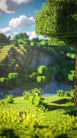 Pixel Art Landscape: Voxel Terrain with Floating Architecture.