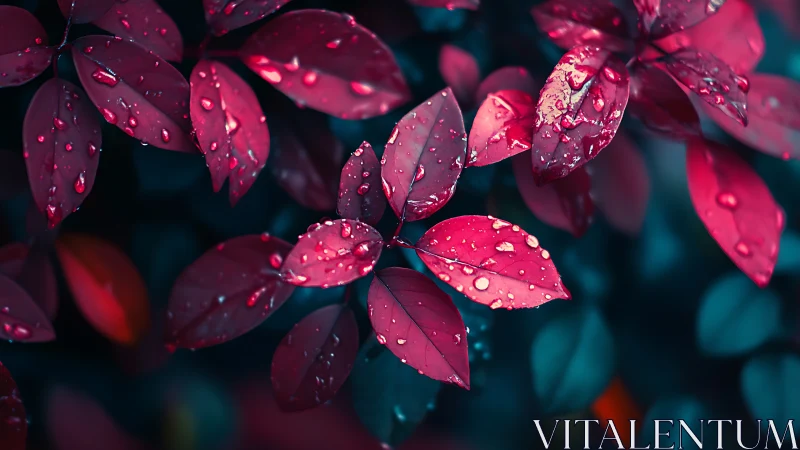 Red leaves glisten with raindrops against teal background