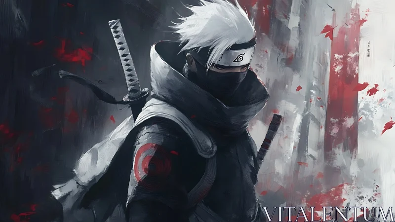 Masked white haired ninja with dual swords in red mist.