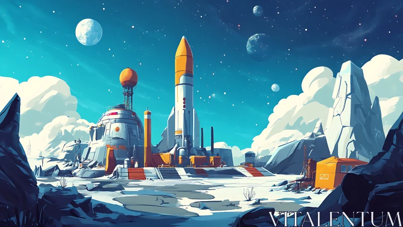 Cozy lunar rocket base under a bright, starry sky.