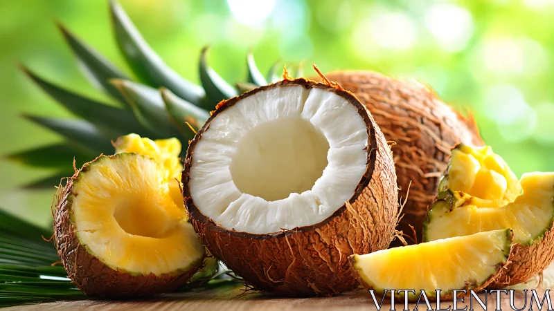 Tropical coconut and pineapple duet in sunlit island glow.