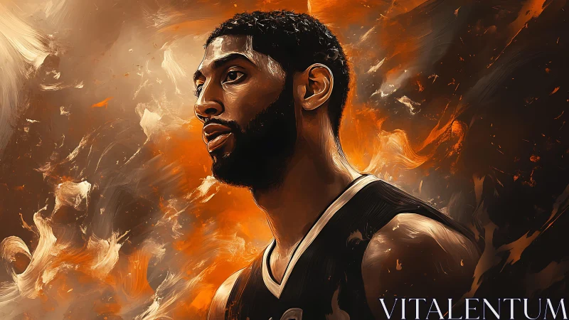 Digital portrait shows focused basketball player in fiery light