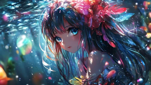 Dreamy underwater girl wrapped in glowing floral magic.