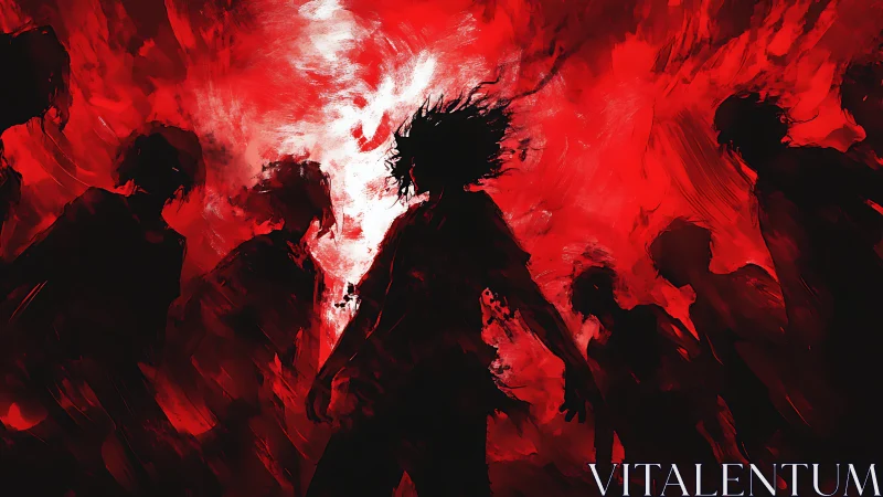 Crimson silhouettes gather beneath a storm of restless fire.