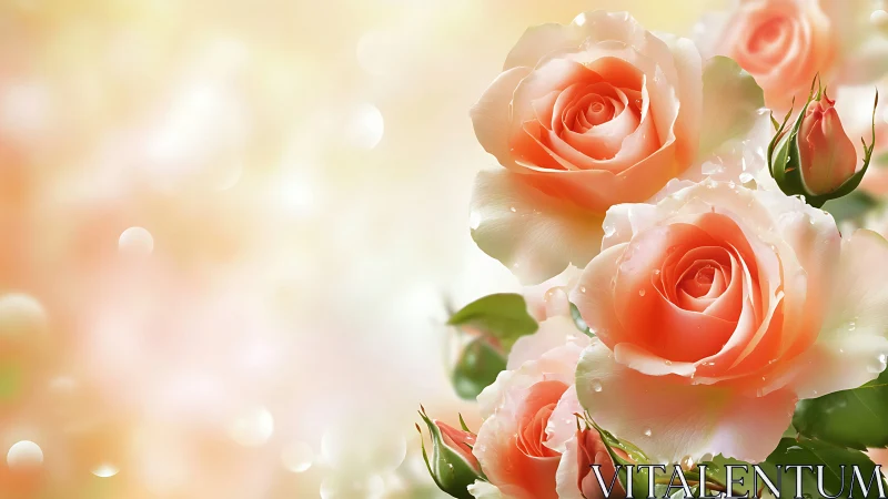 Coral Roses with Dewdrops Against Soft Golden Background.