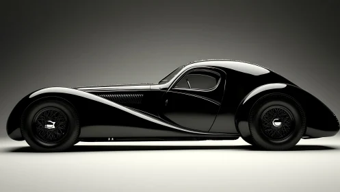 Sleek black vintage coupe with aerodynamic side profile.