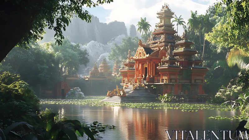 Temple Complex Reflected in Waterway, Tropical Setting.