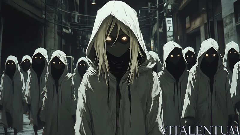 Hooded glow-eyed wanderers drift through a shadowed city.