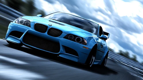 Blue track racer carving through a stormy-speed blur.