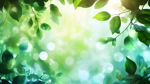 Sunlit green foliage glows against soft bokeh background.