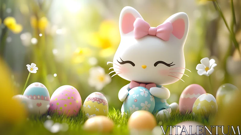 Smiling pastel kitty cradles Easter egg in glowing spring meadow