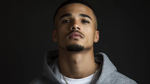 Low-key studio portrait of man in hoodie with assertive gaze