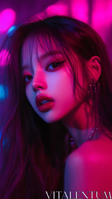 Female portrait in neon magenta and blue studio lighting.