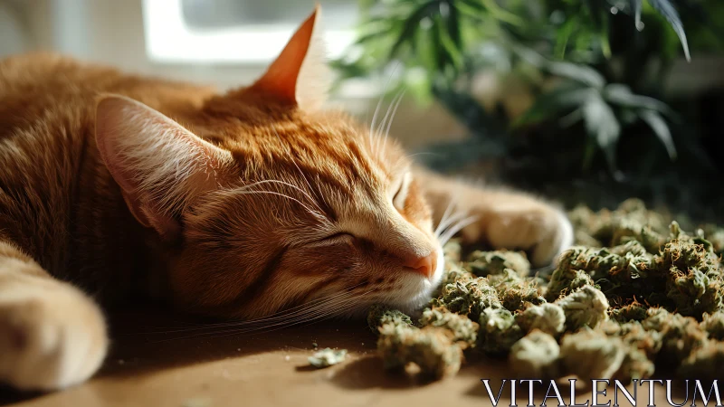 Ginger Tabby Cat Investigates Catnip Pile Indoors