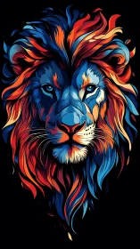 Vector lion portrait in dual-tone chromatic flame composition.