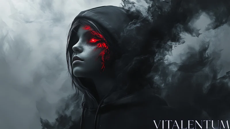 Hooded human figure with red cybernetic eye amid smoke.