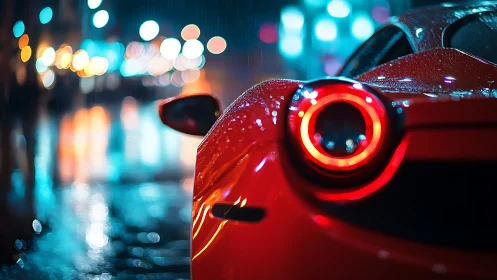 Red sports car tail light glows on wet city street at night
