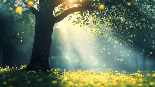 Backlit tree anchors a luminous meadow in soft atmospheric light