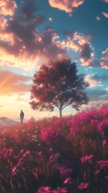 Solitary figure on wildflower hill under luminous sunset sky