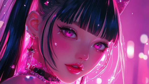 Neon magenta cyber idol portrait with reflective specular eyes.