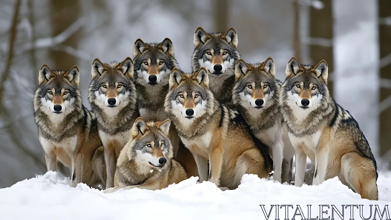 Wolf pack alignment in winter forest, synchronized gaze and stance