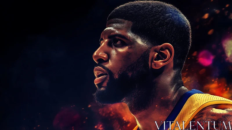 Starlit courtside warrior framed in molten arena glow.