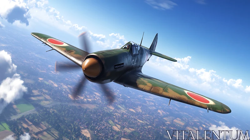 WWII fighter plane soars above patchwork fields in clear skies