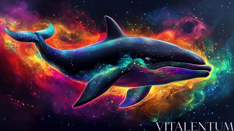 Whale silhouette floats through neon multicolor cosmic clouds