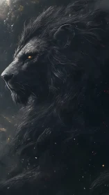 Mythic black lion profile in cinematic chiaroscuro lighting.