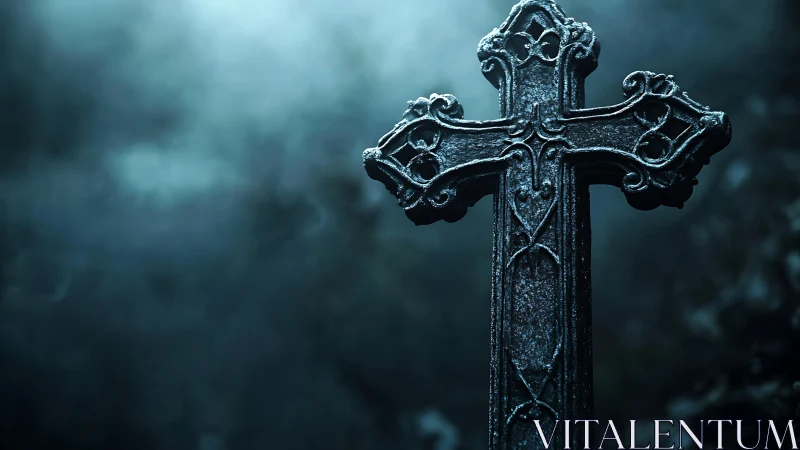 Weathered gothic metal cross in misty low key backlighting