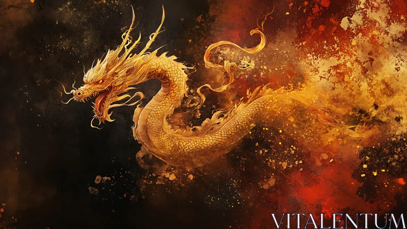 Golden oriental dragon on fiery textured abstract background