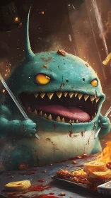 Grotesque turquoise monster devours scorched food in chaotic kitchen