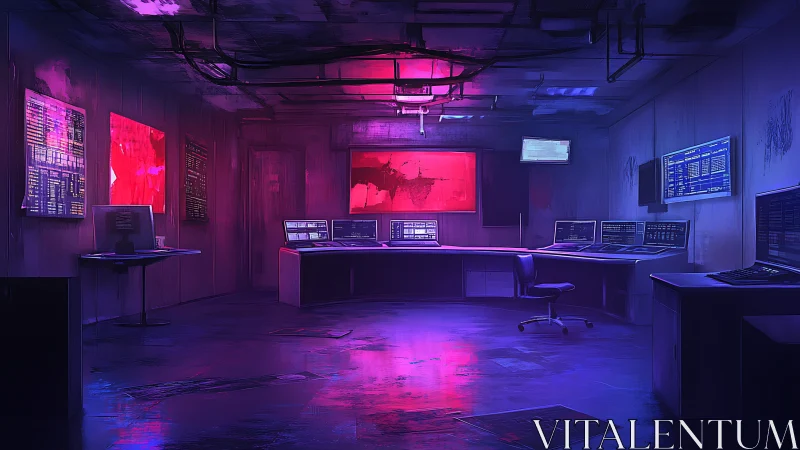 Cybersecurity command center in neon lit control room.