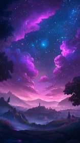 Starlit valley under luminous magenta clouds at dusk