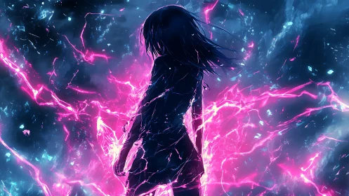 Silhouetted girl commands neon energy in a stormy void