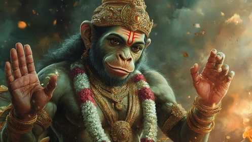 Hyperreal simian deity portrait with ceremonial regalia.