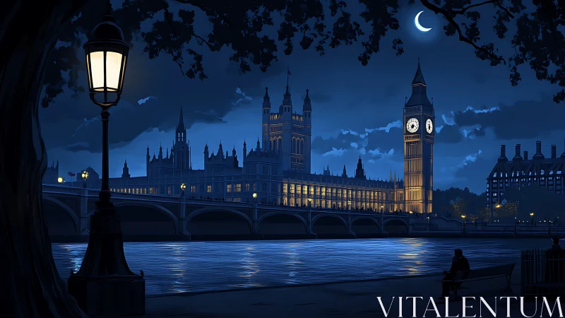 Moonlit Westminster skyline shimmers above the calm Thames