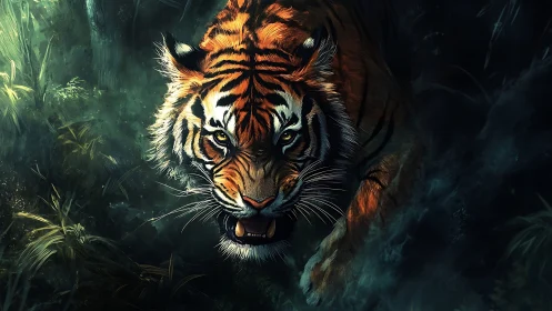 Tiger stalks through shadowed jungle under emerald light.