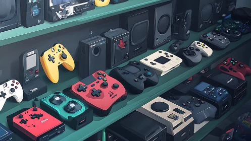Curated spectrum of retro-styled gamepads and handheld consoles.