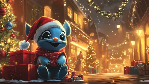 Joyful blue creature celebrates a cozy, glowing Christmas street