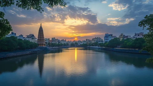 Temple spire cradles sunset above tranquil urban river mirror.