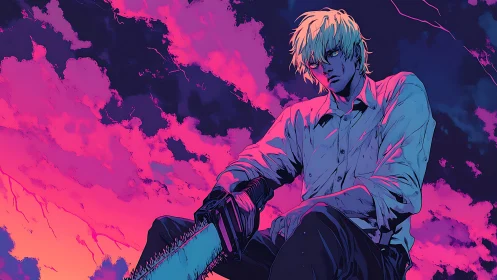 Blond anime man with chainsaw against neon storm sky.