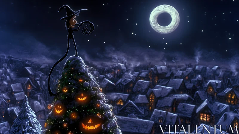 Stop-motion nocturnal townscape with lunar halo and tree