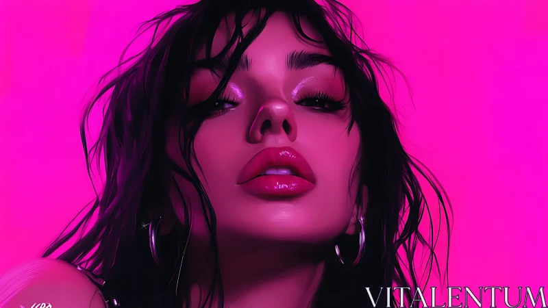 Neon pink digital portrait of woman with glossy lips.
