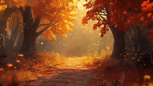 Forest pathway during autumn with golden and orange foliage.