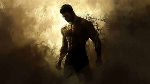 Digital painting of heroic male silhouette in chiaroscuro field.