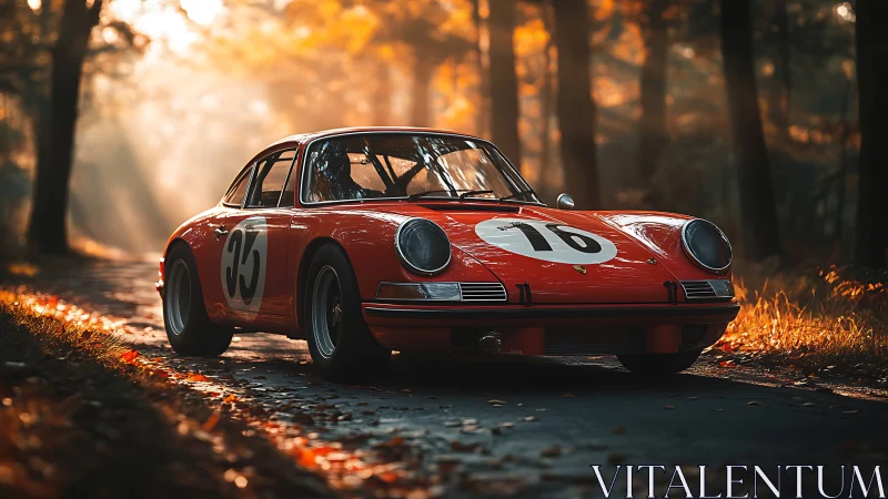 Photorealistic vintage race car in cinematic forest light.