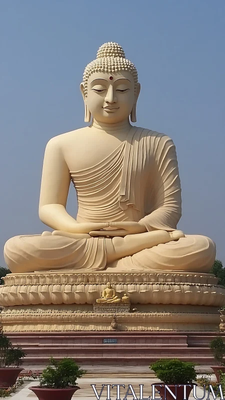 Large seated Buddha stone statue captured under clear sky